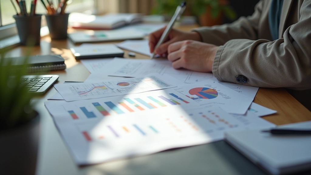 Personne à un bureau avec des documents de recherche et des notes organisées, planification stratégique visible