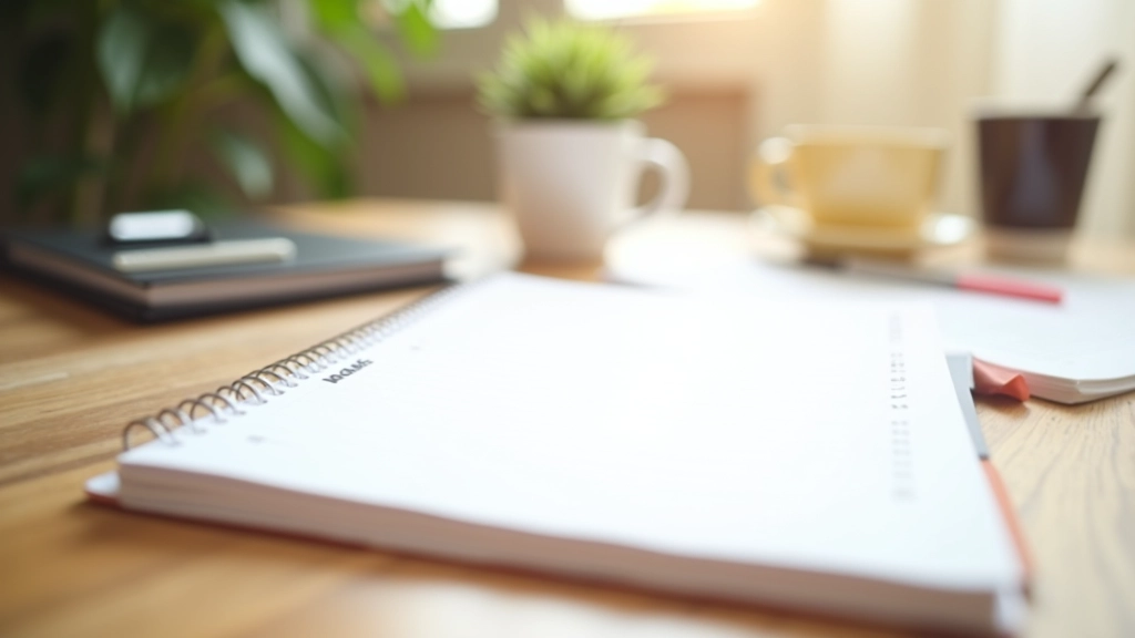 Cahier de contenu étalé sur un bureau avec un calendrier éditorial et un stylo, tasse de café à proximité