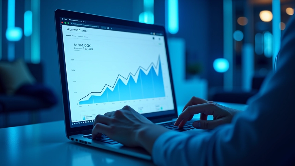 Graphique de trafic organique montrant une croissance progressive sur 12 mois avec des points de données clairs