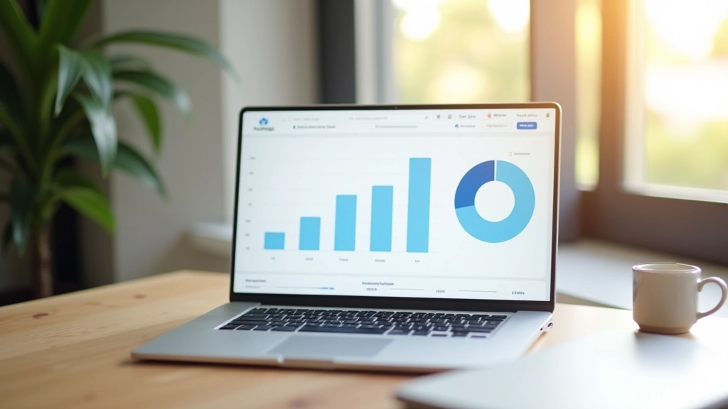 Bureau moderne avec ordinateur portable affichant un graphique de croissance du trafic blog sur plusieurs années