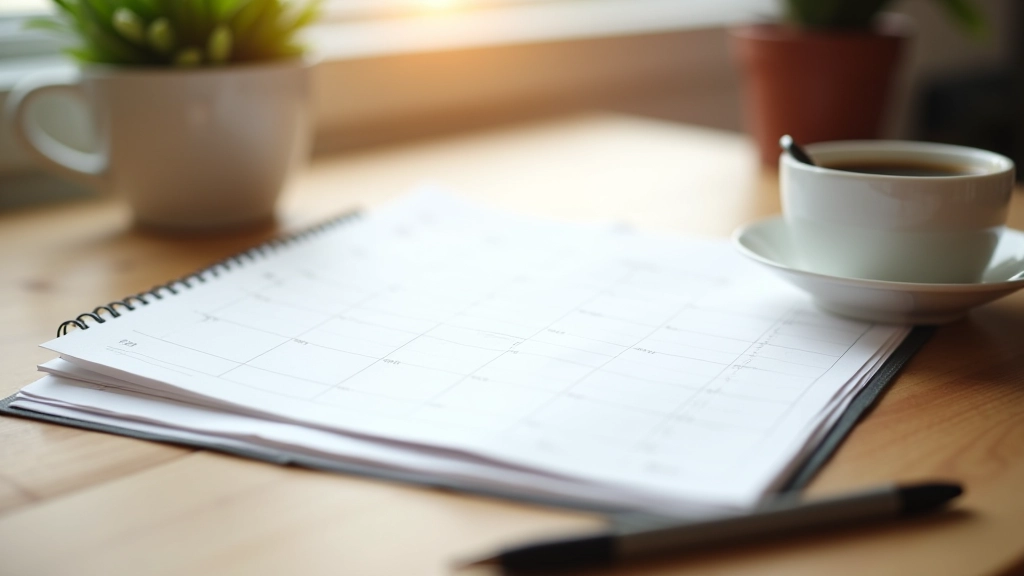 Bloc-notes ouvert sur un bureau avec un stylo et un café, tableau de planification mensuelle visible