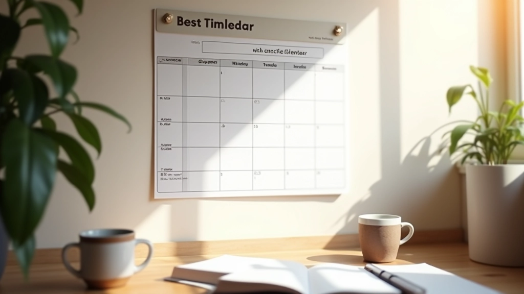 Calendrier sur un mur montrant un plan d'attaque de trois mois avec des jalons marqués et des objectifs de trafic, espace de travail organisé