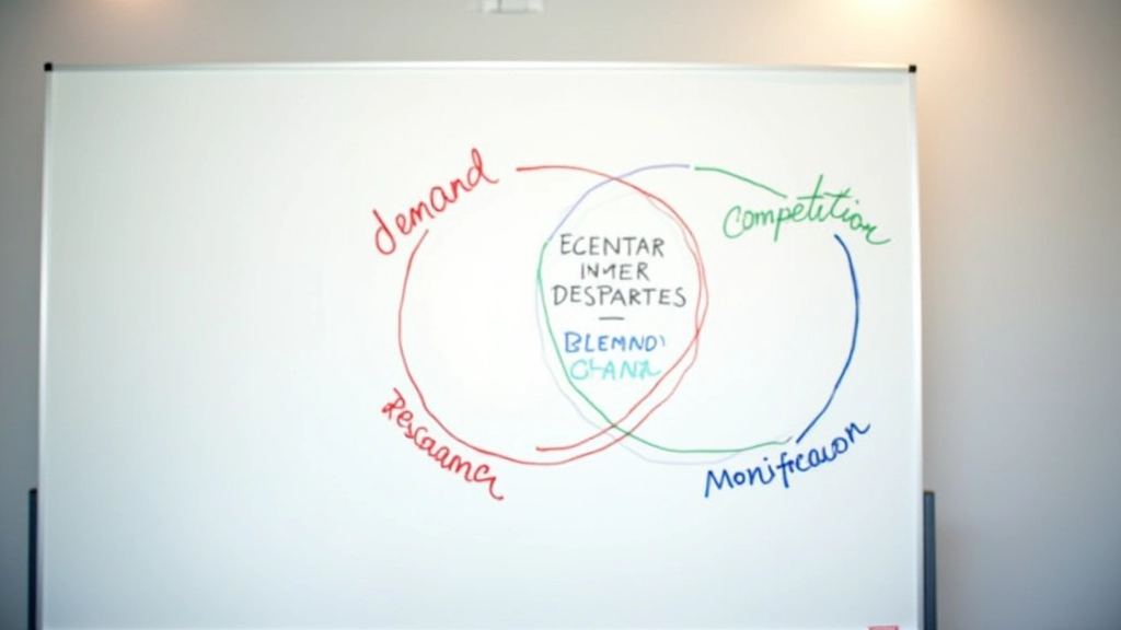 Tableau blanc avec diagramme montrant les trois cercles de sélection de niche — demande, concurrence, monétisation — avec annotations manuscrites